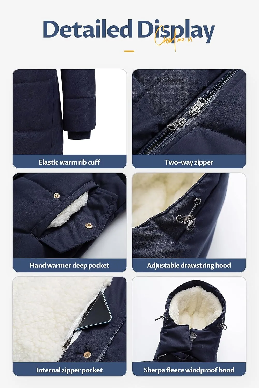 CREATMO US Women's Thicken Sherpa Winter Coat Puffy Warm Snow Jacket With Removable Hood