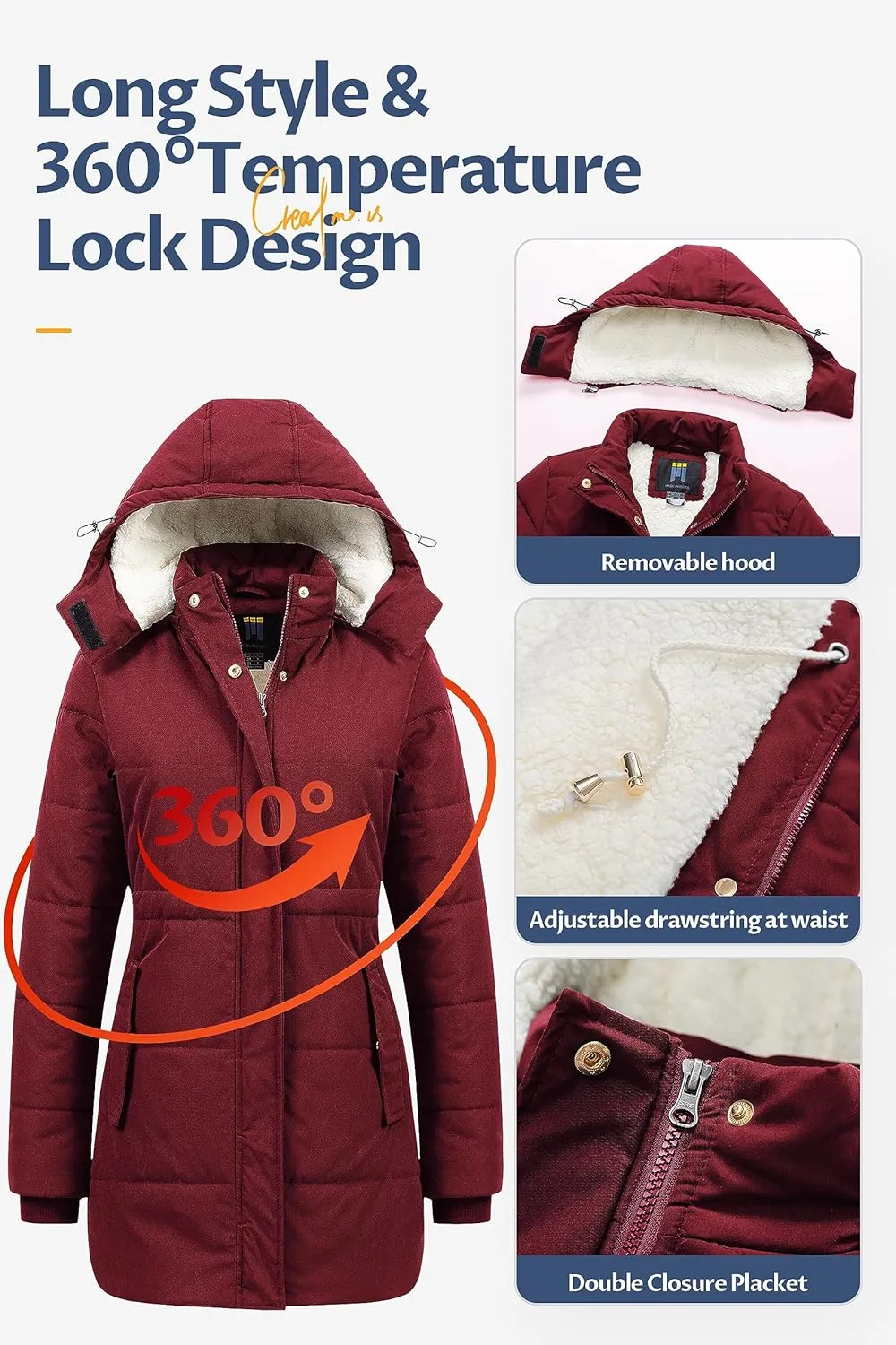CREATMO US Women's Thicken Sherpa Winter Coat Puffy Warm Snow Jacket With Removable Hood