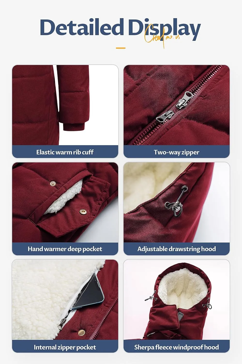 CREATMO US Women's Thicken Sherpa Winter Coat Puffy Warm Snow Jacket With Removable Hood
