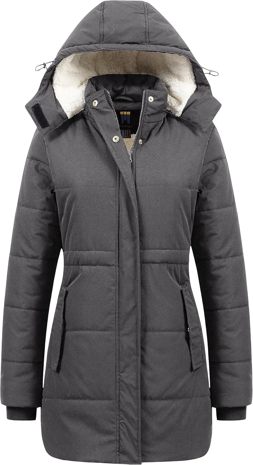 CREATMO US Women's Thicken Sherpa Winter Coat Puffy Warm Snow Jacket With Removable Hood