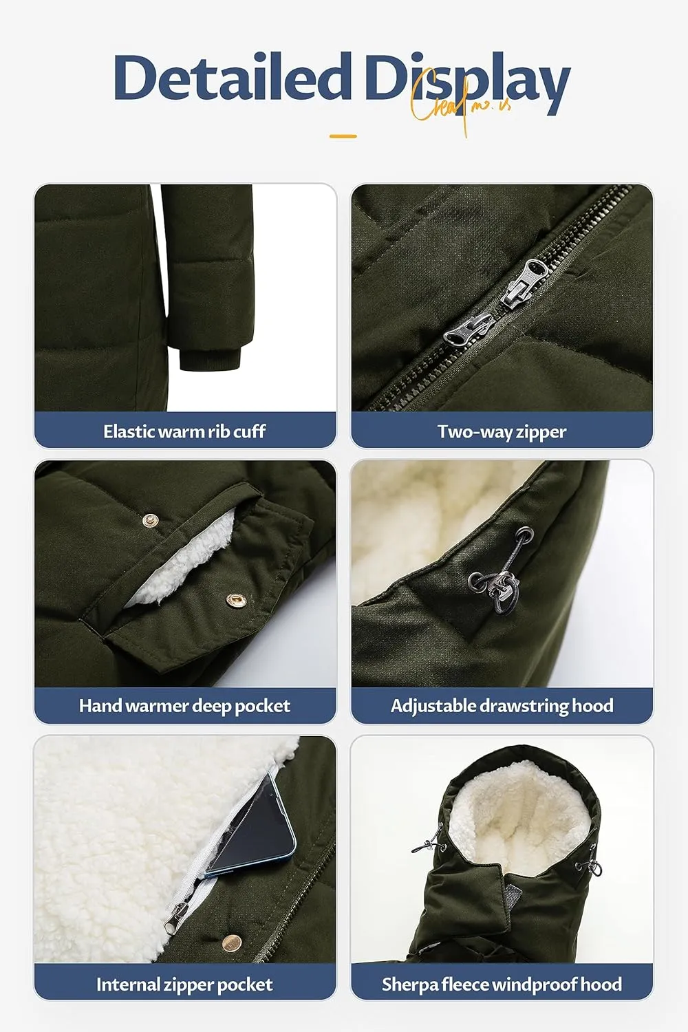 CREATMO US Women's Thicken Sherpa Winter Coat Puffy Warm Snow Jacket With Removable Hood