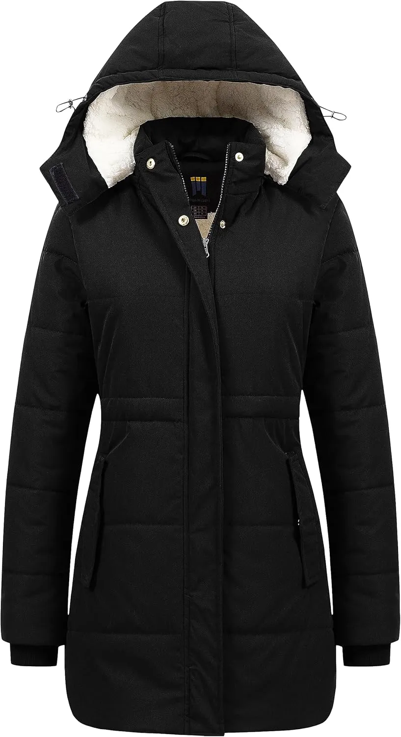 CREATMO US Women's Thicken Sherpa Winter Coat Puffy Warm Snow Jacket With Removable Hood
