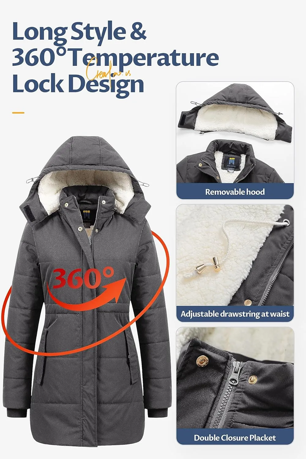 CREATMO US Women's Thicken Sherpa Winter Coat Puffy Warm Snow Jacket With Removable Hood