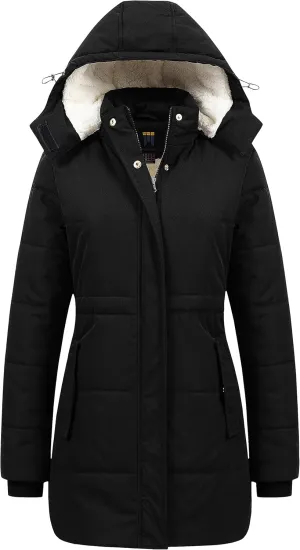 CREATMO US Women's Thicken Sherpa Winter Coat Puffy Warm Snow Jacket With Removable Hood