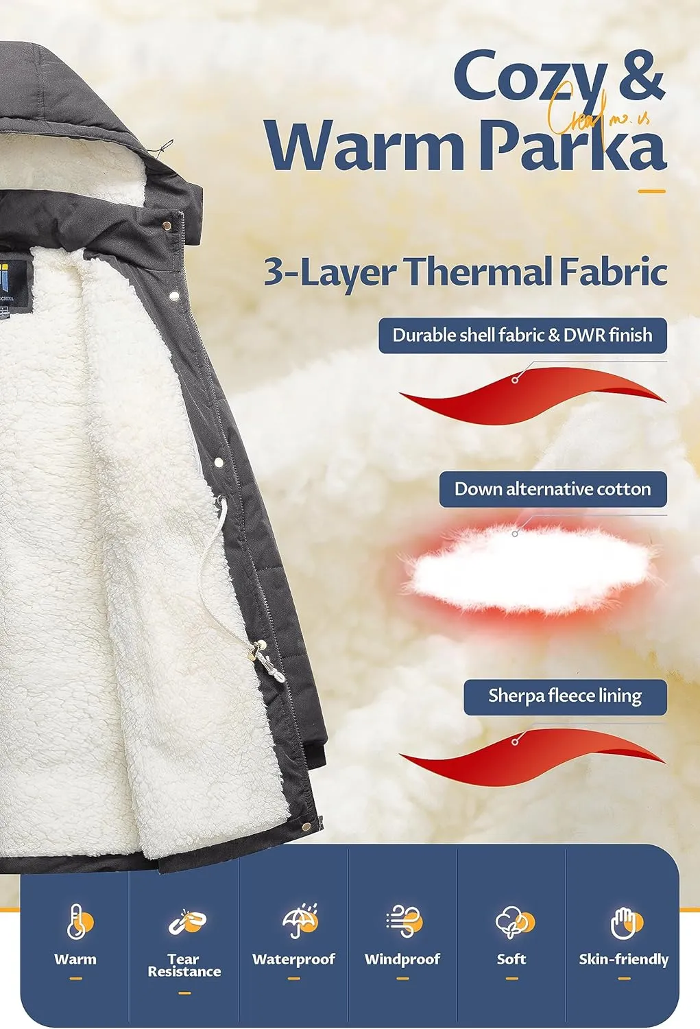 CREATMO US Women's Thicken Sherpa Winter Coat Puffy Warm Snow Jacket With Removable Hood