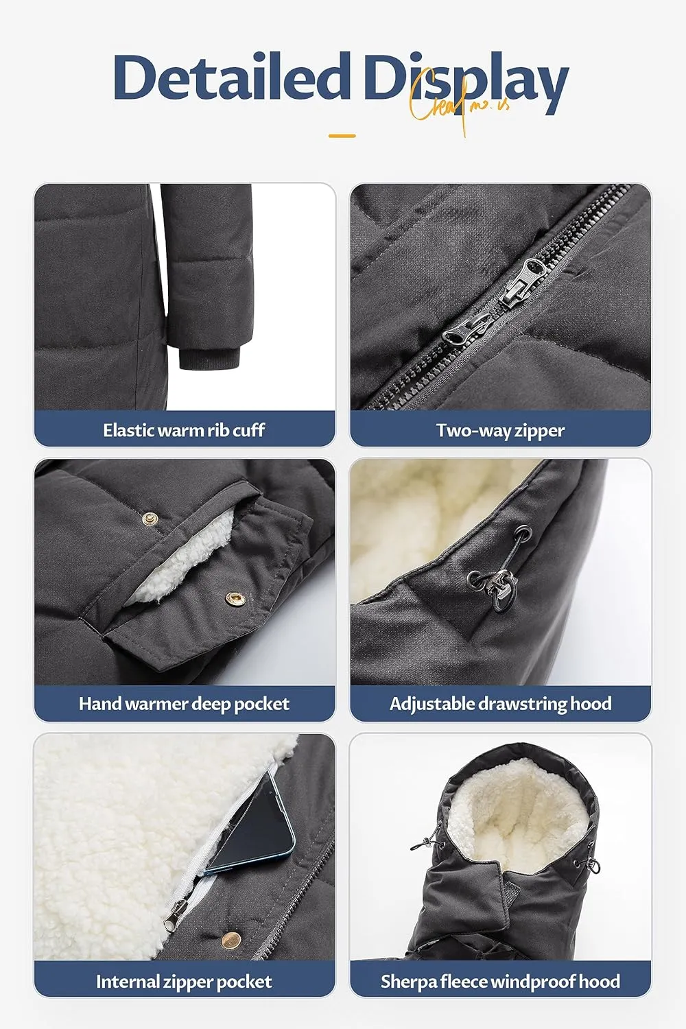 CREATMO US Women's Thicken Sherpa Winter Coat Puffy Warm Snow Jacket With Removable Hood
