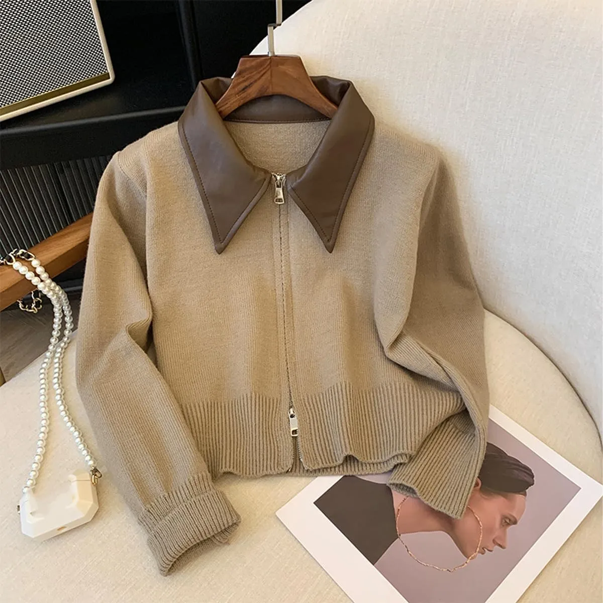 Cropped Cardigan Women Leather Collared Knit Sweater Zip up Jacket Aesthetic Cute Polo Sweater Fall 2024 Trendy