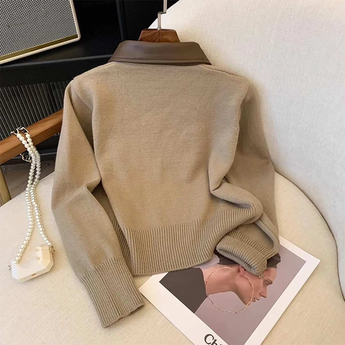 Cropped Cardigan Women Leather Collared Knit Sweater Zip up Jacket Aesthetic Cute Polo Sweater Fall 2024 Trendy