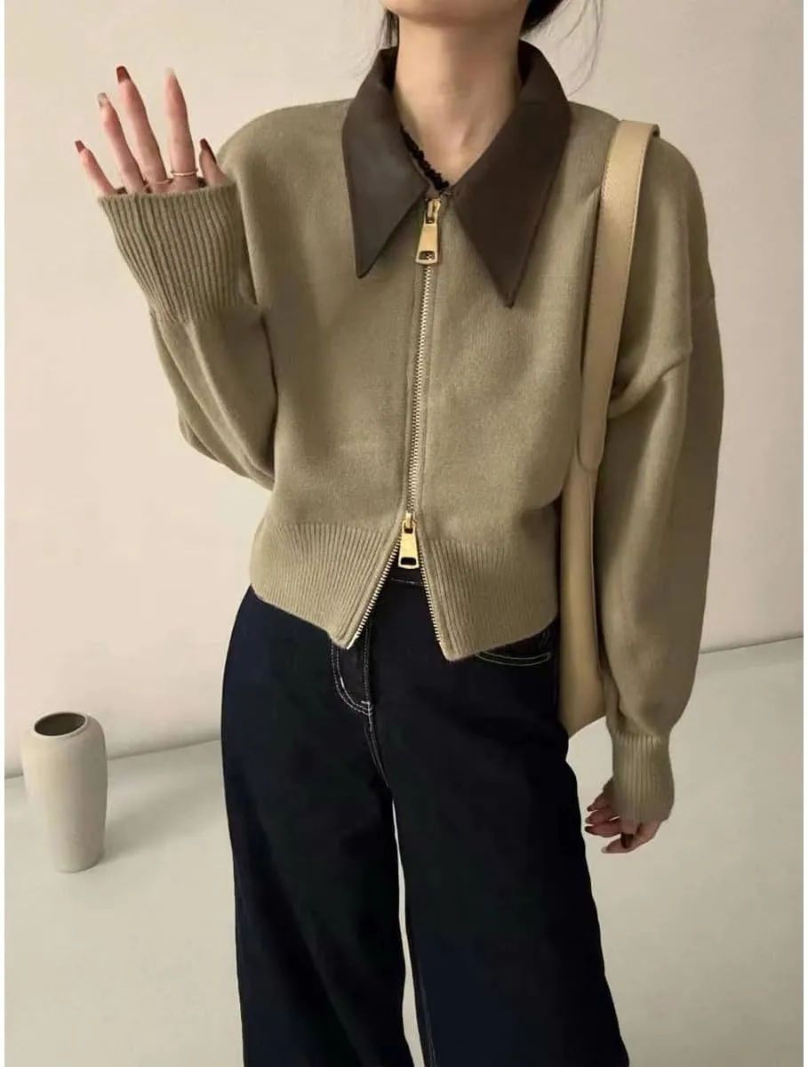 Cropped Cardigan Women Leather Collared Knit Sweater Zip up Jacket Aesthetic Cute Polo Sweater Fall 2024 Trendy