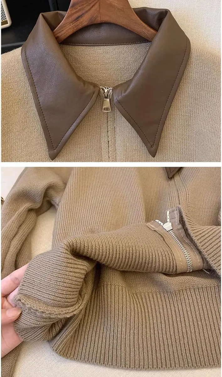 Cropped Cardigan Women Leather Collared Knit Sweater Zip up Jacket Aesthetic Cute Polo Sweater Fall 2024 Trendy