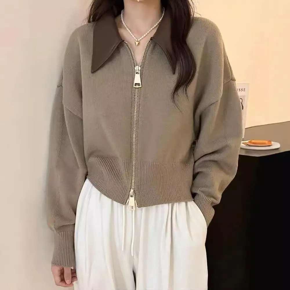 Cropped Cardigan Women Leather Collared Knit Sweater Zip up Jacket Aesthetic Cute Polo Sweater Fall 2024 Trendy
