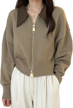 Cropped Cardigan Women Leather Collared Knit Sweater Zip up Jacket Aesthetic Cute Polo Sweater Fall 2024 Trendy