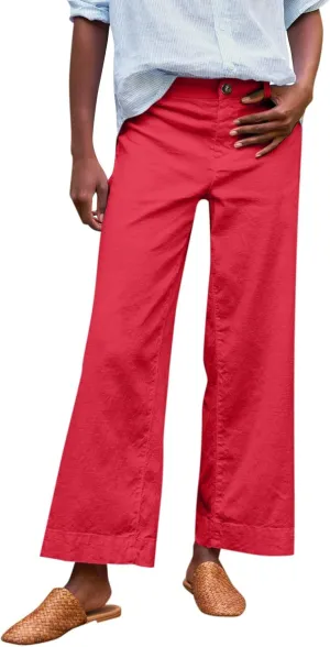 Cropped Linen Pants Women Summer Elastic High Waisted Dress Pants Business Casual Button Down Work Pants with Pockets