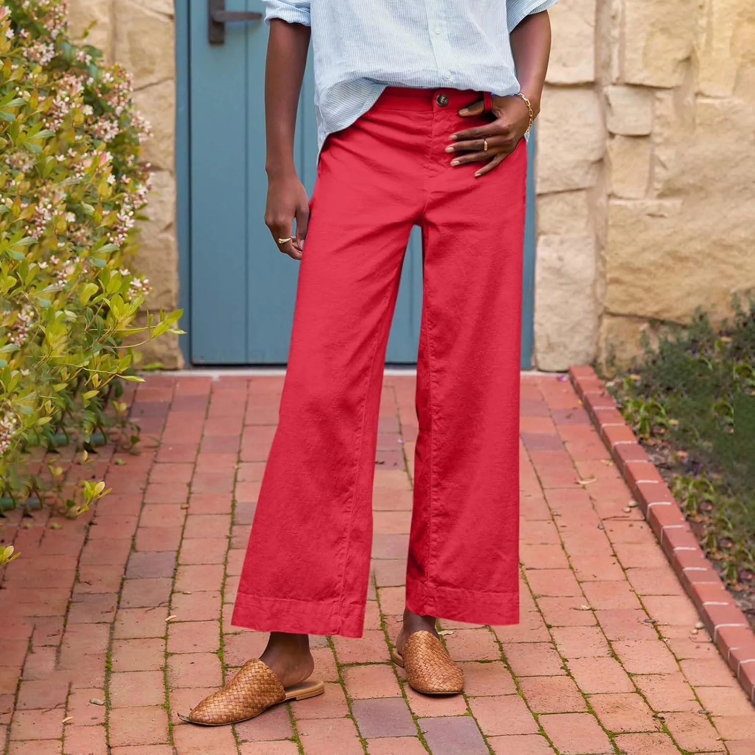 Cropped Linen Pants Women Summer Elastic High Waisted Dress Pants Business Casual Button Down Work Pants with Pockets