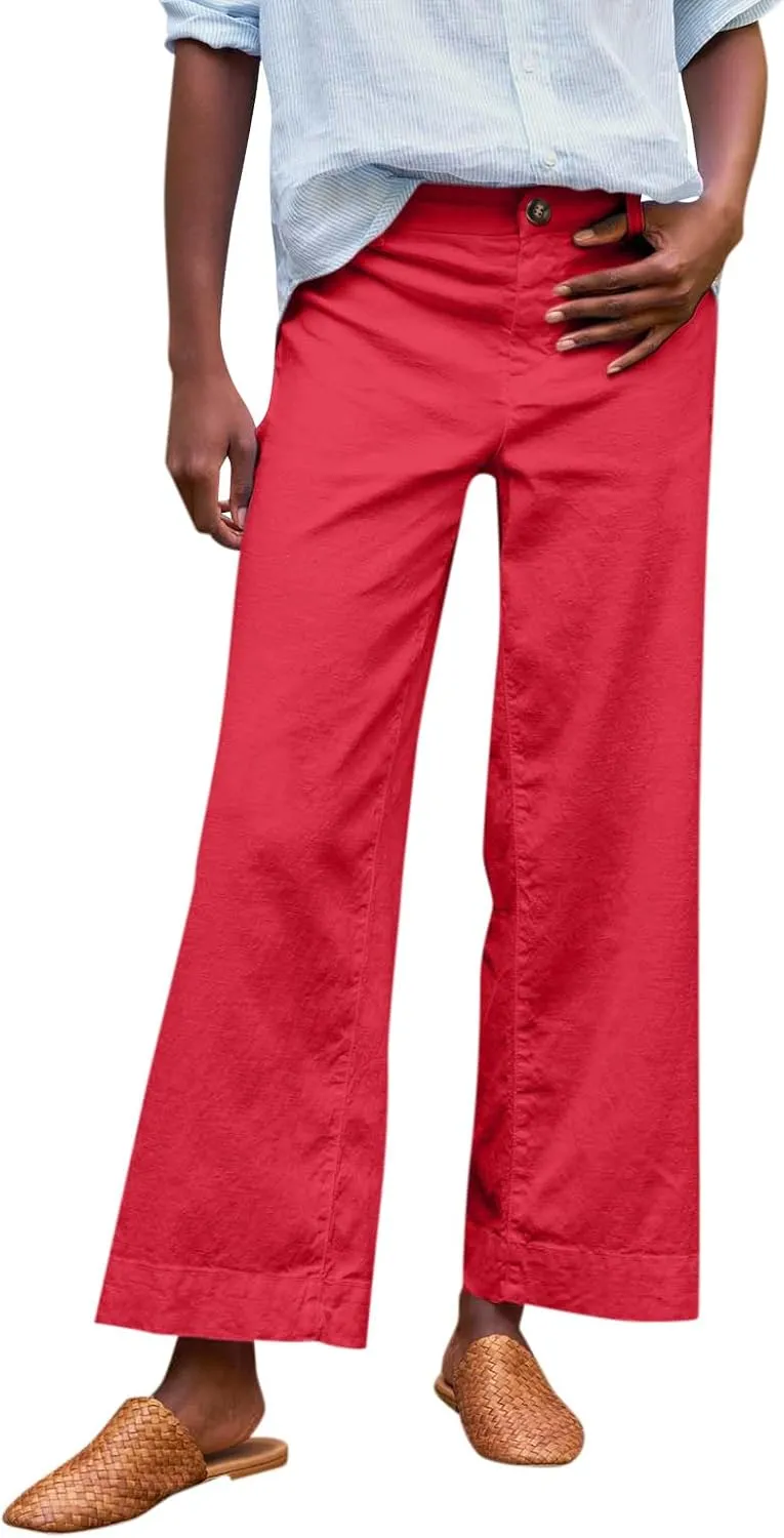 Cropped Linen Pants Women Summer Elastic High Waisted Dress Pants Business Casual Button Down Work Pants with Pockets