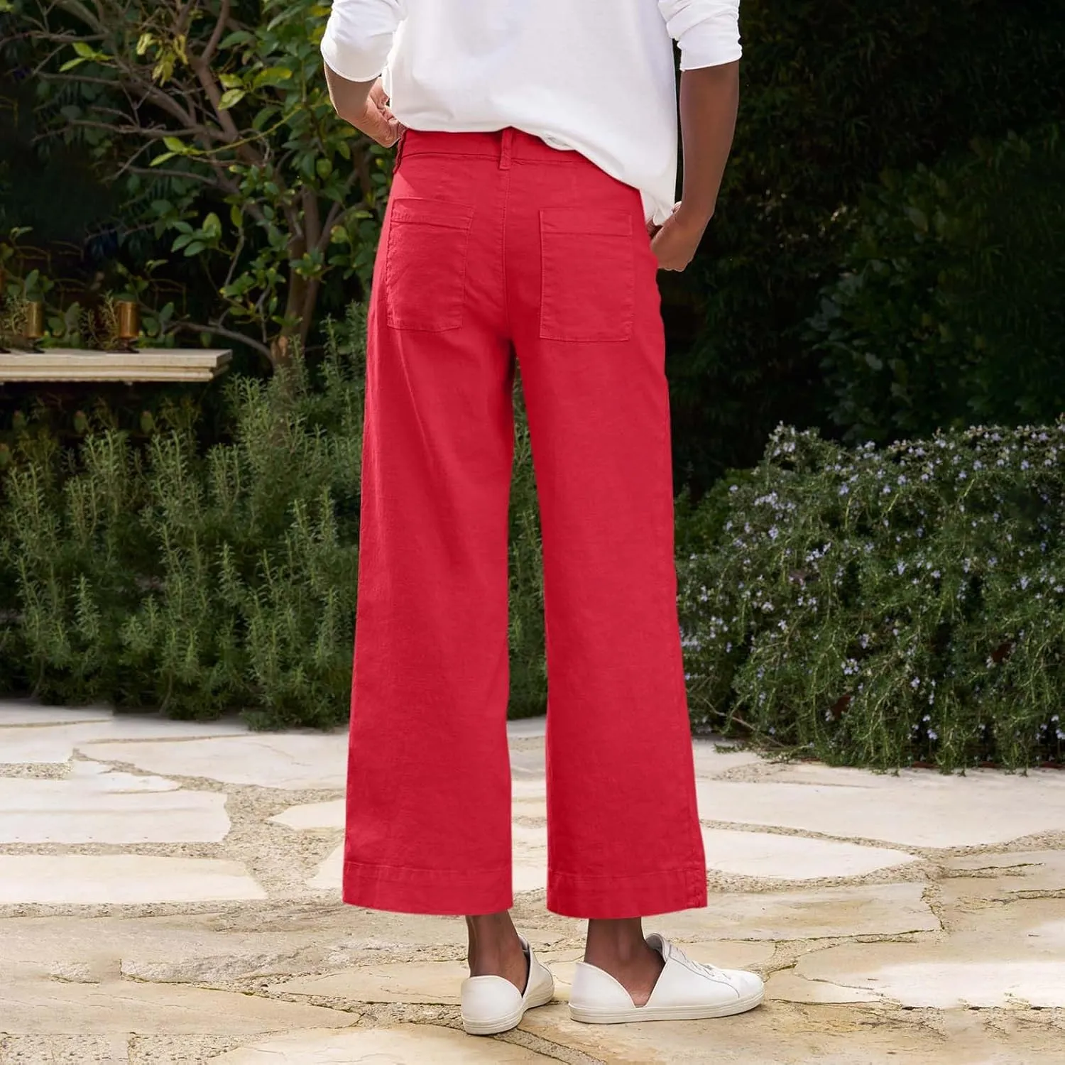 Cropped Linen Pants Women Summer Elastic High Waisted Dress Pants Business Casual Button Down Work Pants with Pockets