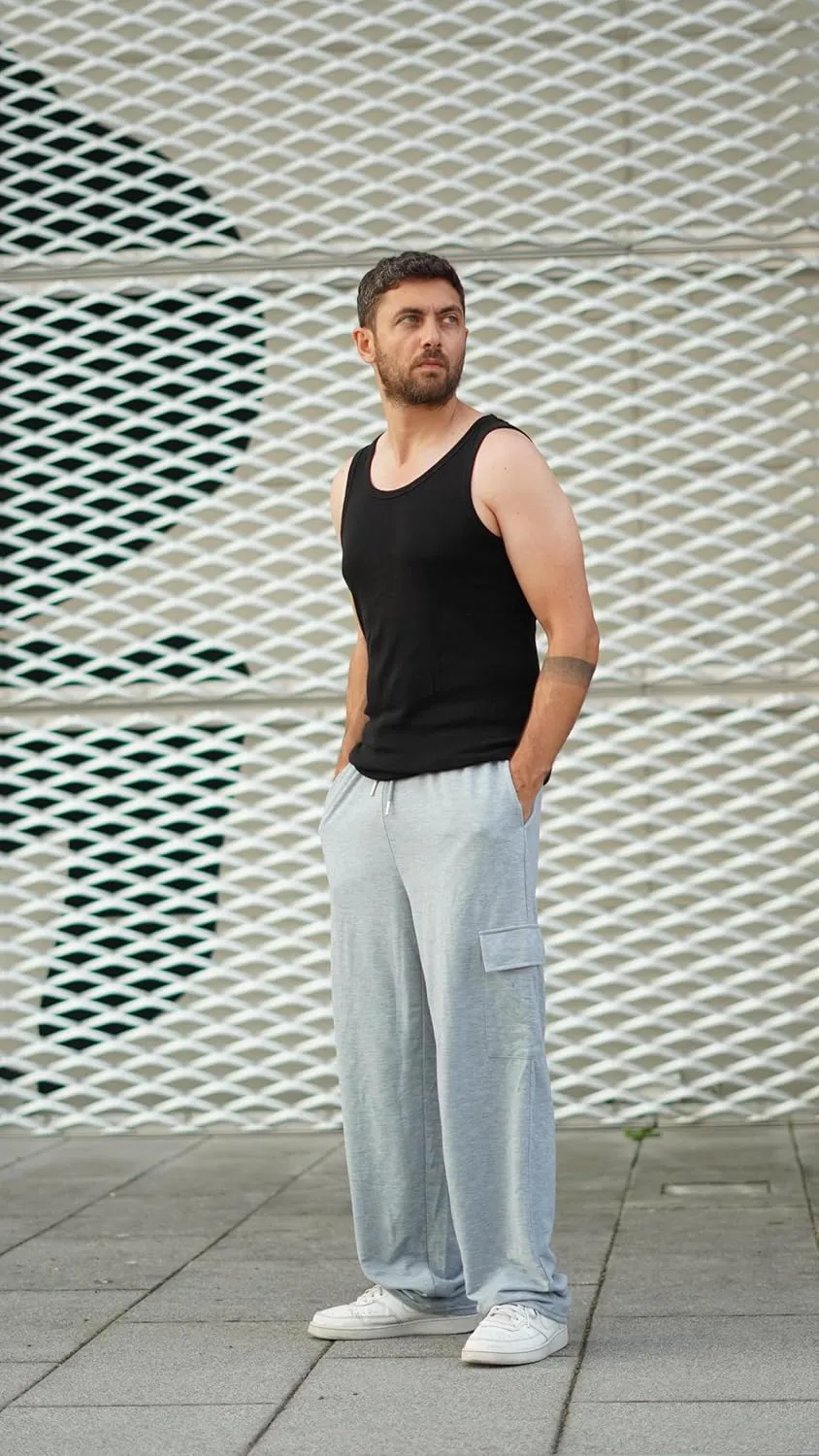 Deyeek Men's Cargo Sweatpants Open Bottom Baggy Sweat Pants for Mens Straight Leg Gym Cargo Sweats Lounge Pants with Pockets