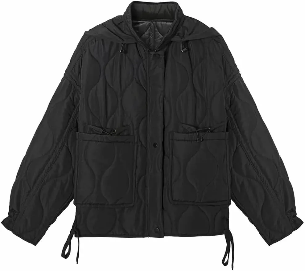 Disimlarl Women's Stand Collar Loose Drawstring Light Cotton-Padded Jacket Short Cotton-Padded Coat