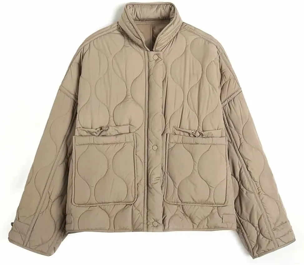 Disimlarl Women's Stand Collar Loose Drawstring Light Cotton-Padded Jacket Short Cotton-Padded Coat