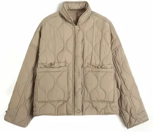 Disimlarl Women's Stand Collar Loose Drawstring Light Cotton-Padded Jacket Short Cotton-Padded Coat