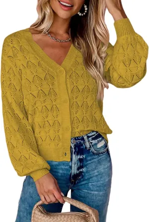 Dokotoo Cropped Cardigan Sweaters for Women Long Sleeve Crochet Knit Shrug Open Front V-Neck Button up Tops