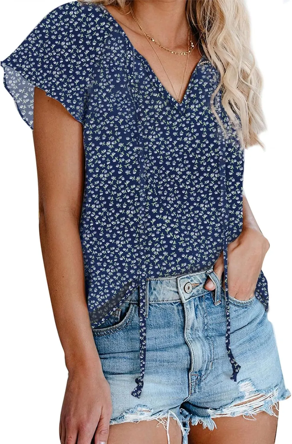 Dokotoo Women's Casual Boho Floral Printed V Neck Tops Drawstring Short Long Sleeve T Shirt Blouses