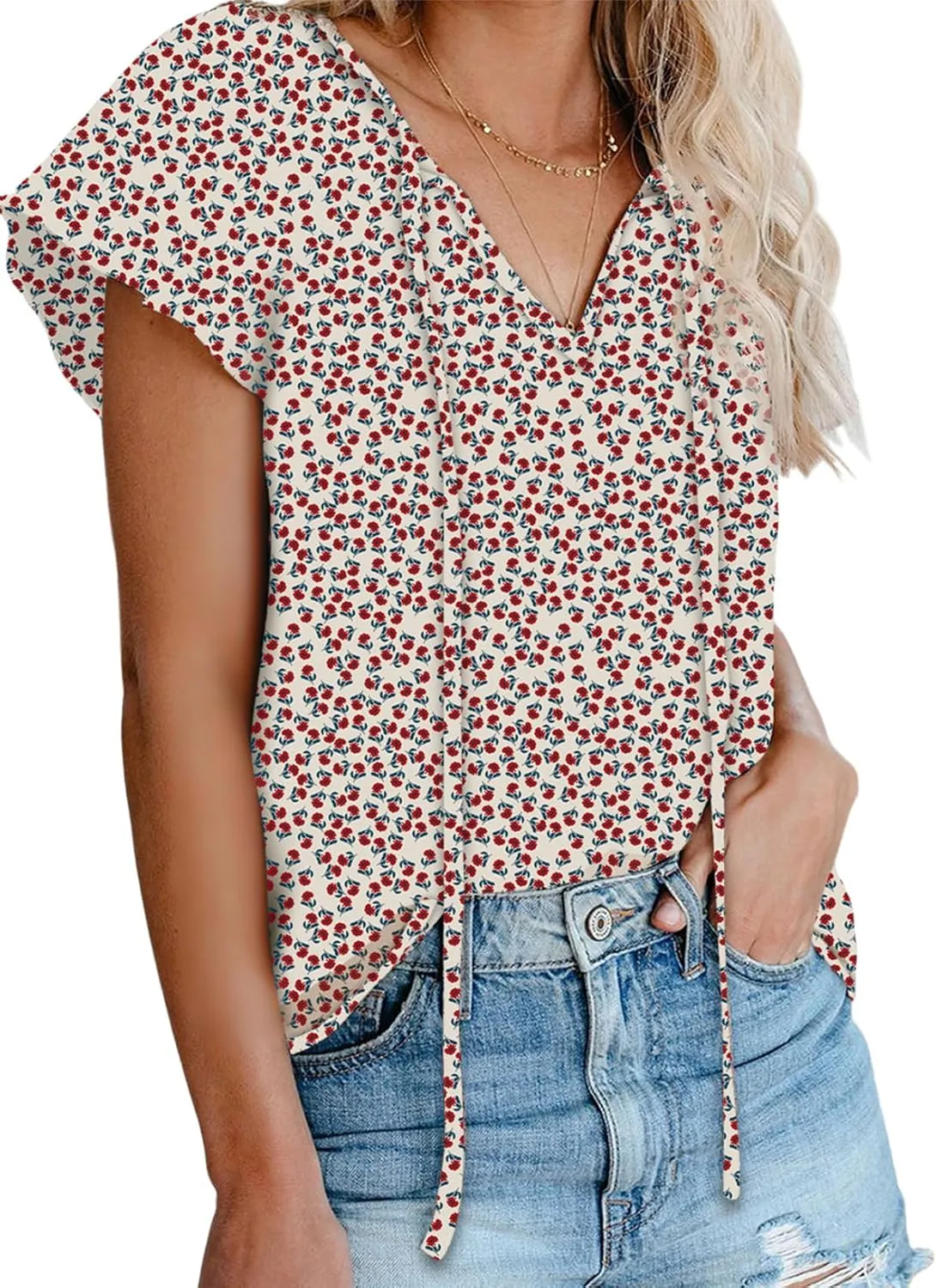 Dokotoo Women's Casual Boho Floral Printed V Neck Tops Drawstring Short Long Sleeve T Shirt Blouses