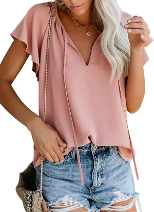 Dokotoo Women's Casual Boho Floral Printed V Neck Tops Drawstring Short Long Sleeve T Shirt Blouses