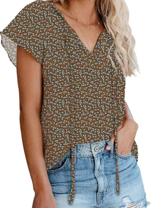 Dokotoo Women's Casual Boho Floral Printed V Neck Tops Drawstring Short Long Sleeve T Shirt Blouses