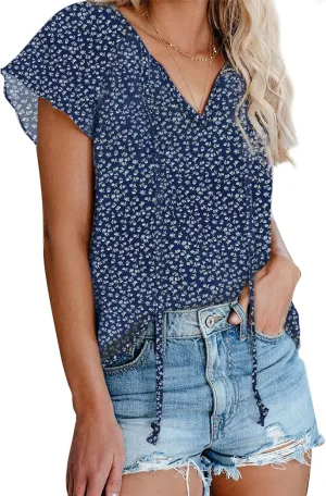 Dokotoo Women's Casual Boho Floral Printed V Neck Tops Drawstring Short Long Sleeve T Shirt Blouses