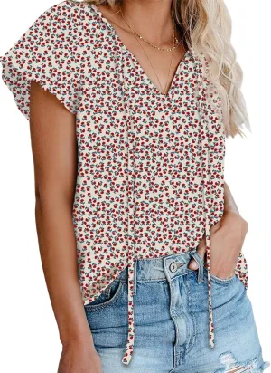 Dokotoo Women's Casual Boho Floral Printed V Neck Tops Drawstring Short Long Sleeve T Shirt Blouses