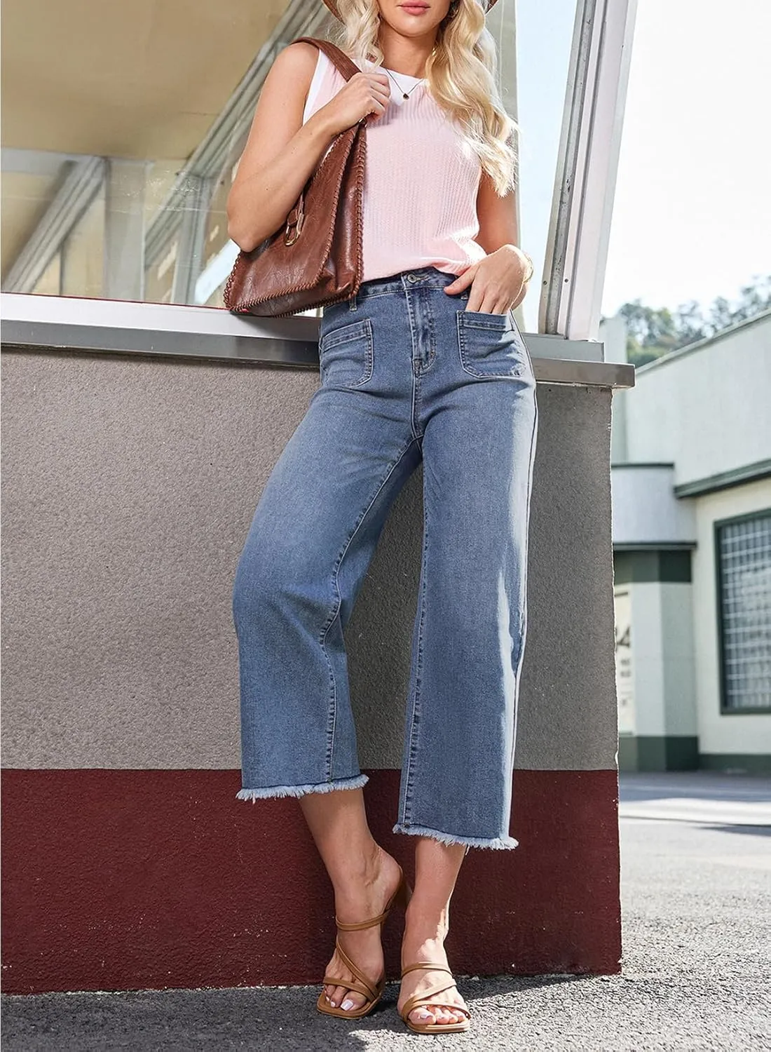 Dokotoo Women's Jeans High Waisted Flare Jeans Raw Hem Denim Pants with Pockets