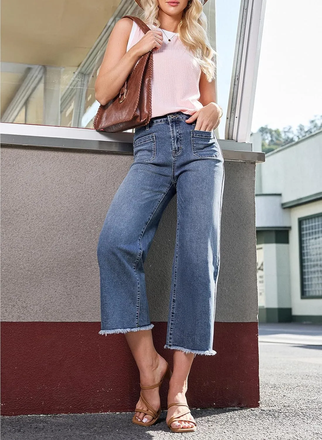 Dokotoo Women's Jeans High Waisted Flare Jeans Raw Hem Denim Pants with Pockets