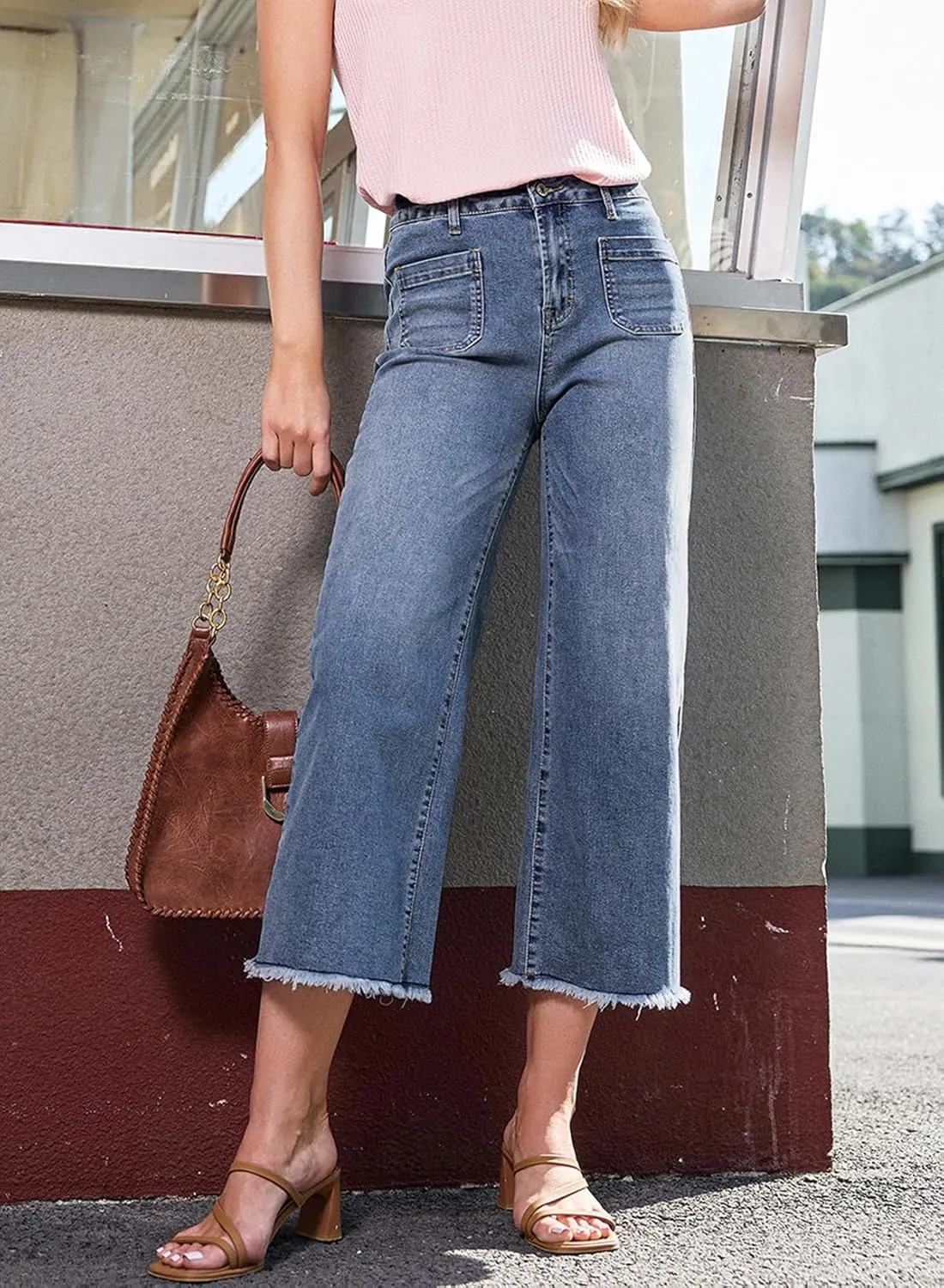 Dokotoo Women's Jeans High Waisted Flare Jeans Raw Hem Denim Pants with Pockets