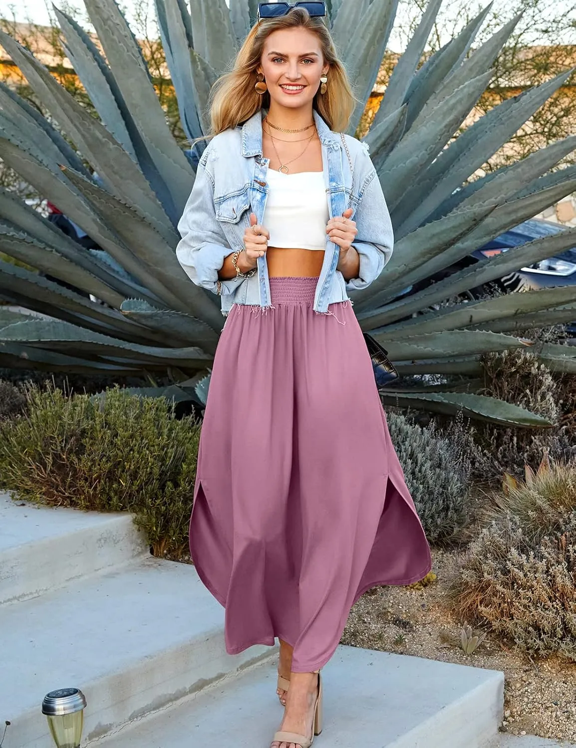 DOUBLJU Casual High Waisted Maxi Skirts Elastic Waist Band Ankle Length Trendy Summer Long Skirt for Womens with Plus Size