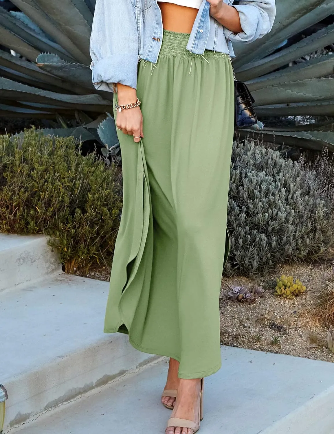DOUBLJU Casual High Waisted Maxi Skirts Elastic Waist Band Ankle Length Trendy Summer Long Skirt for Womens with Plus Size