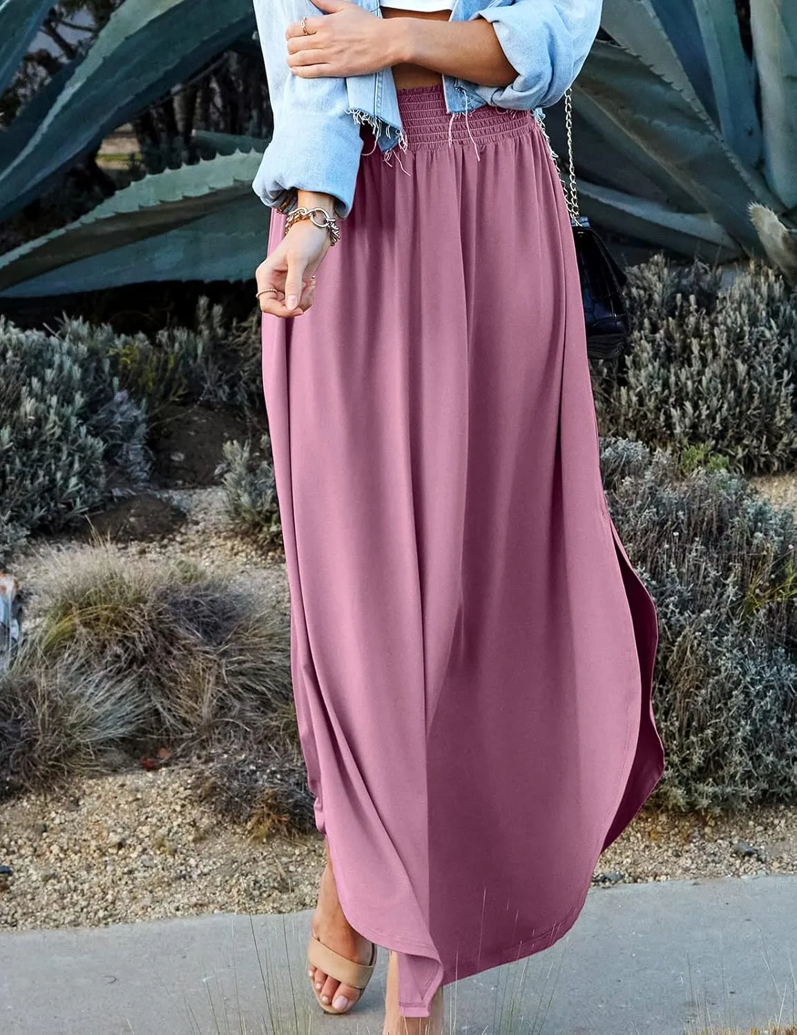 DOUBLJU Casual High Waisted Maxi Skirts Elastic Waist Band Ankle Length Trendy Summer Long Skirt for Womens with Plus Size