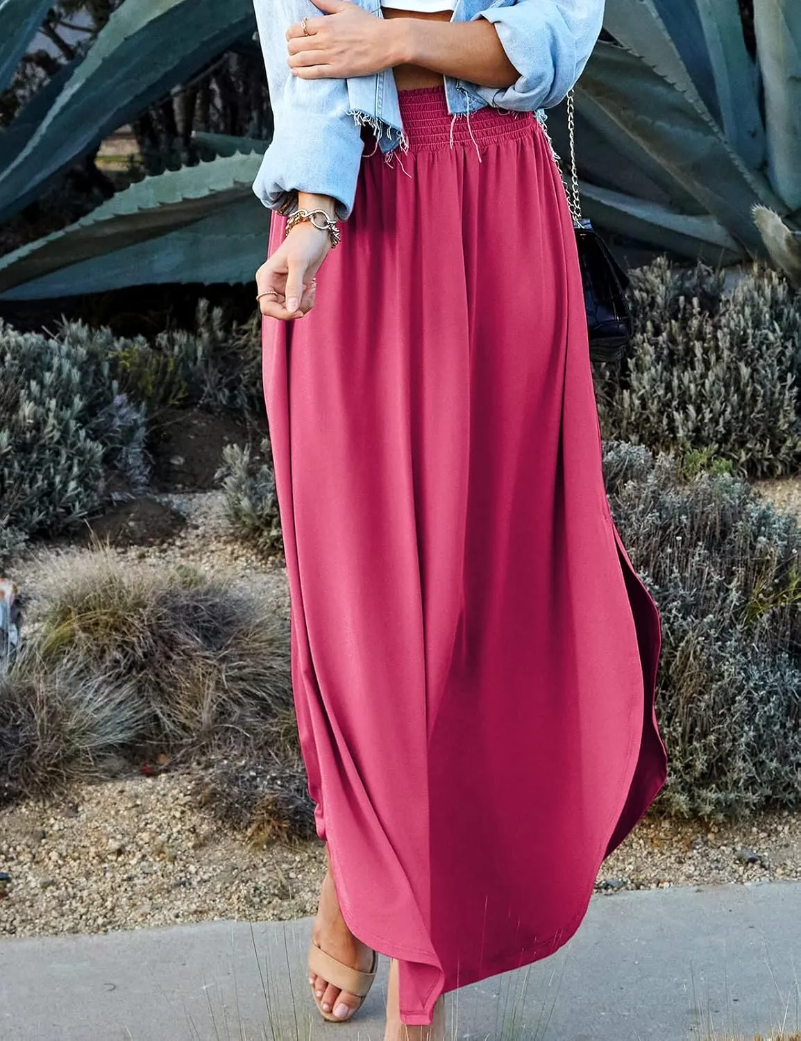 DOUBLJU Casual High Waisted Maxi Skirts Elastic Waist Band Ankle Length Trendy Summer Long Skirt for Womens with Plus Size