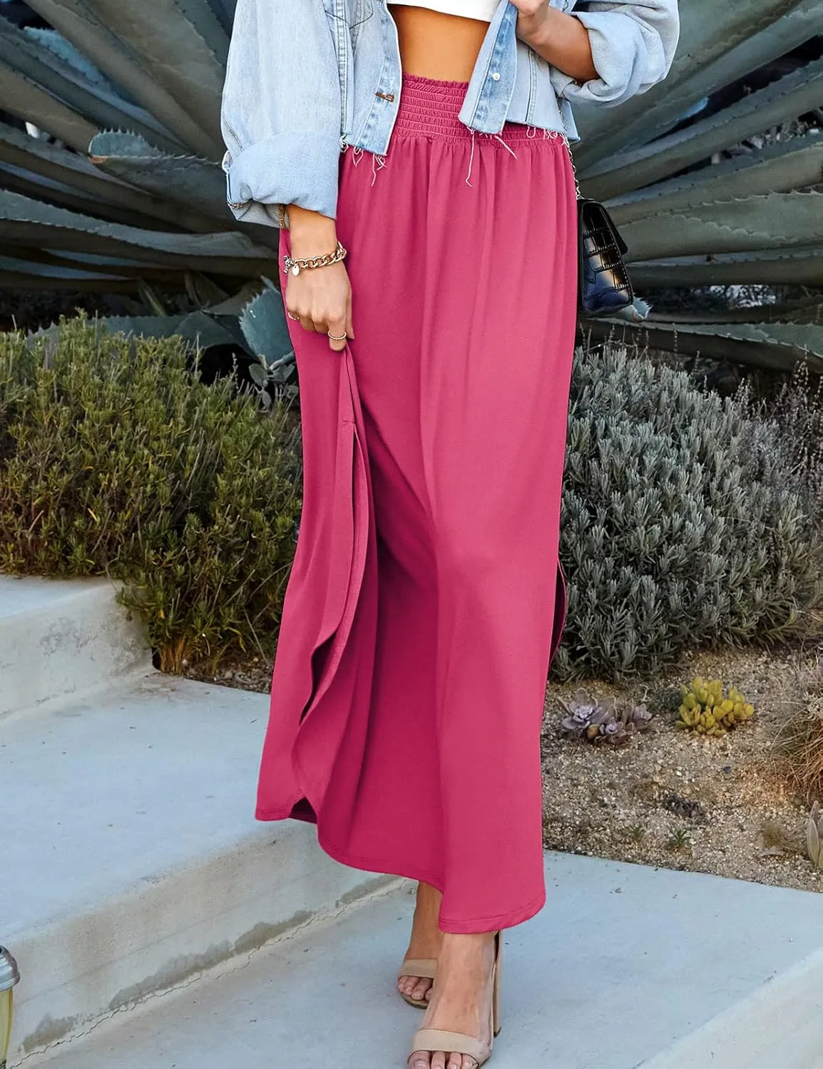 DOUBLJU Casual High Waisted Maxi Skirts Elastic Waist Band Ankle Length Trendy Summer Long Skirt for Womens with Plus Size