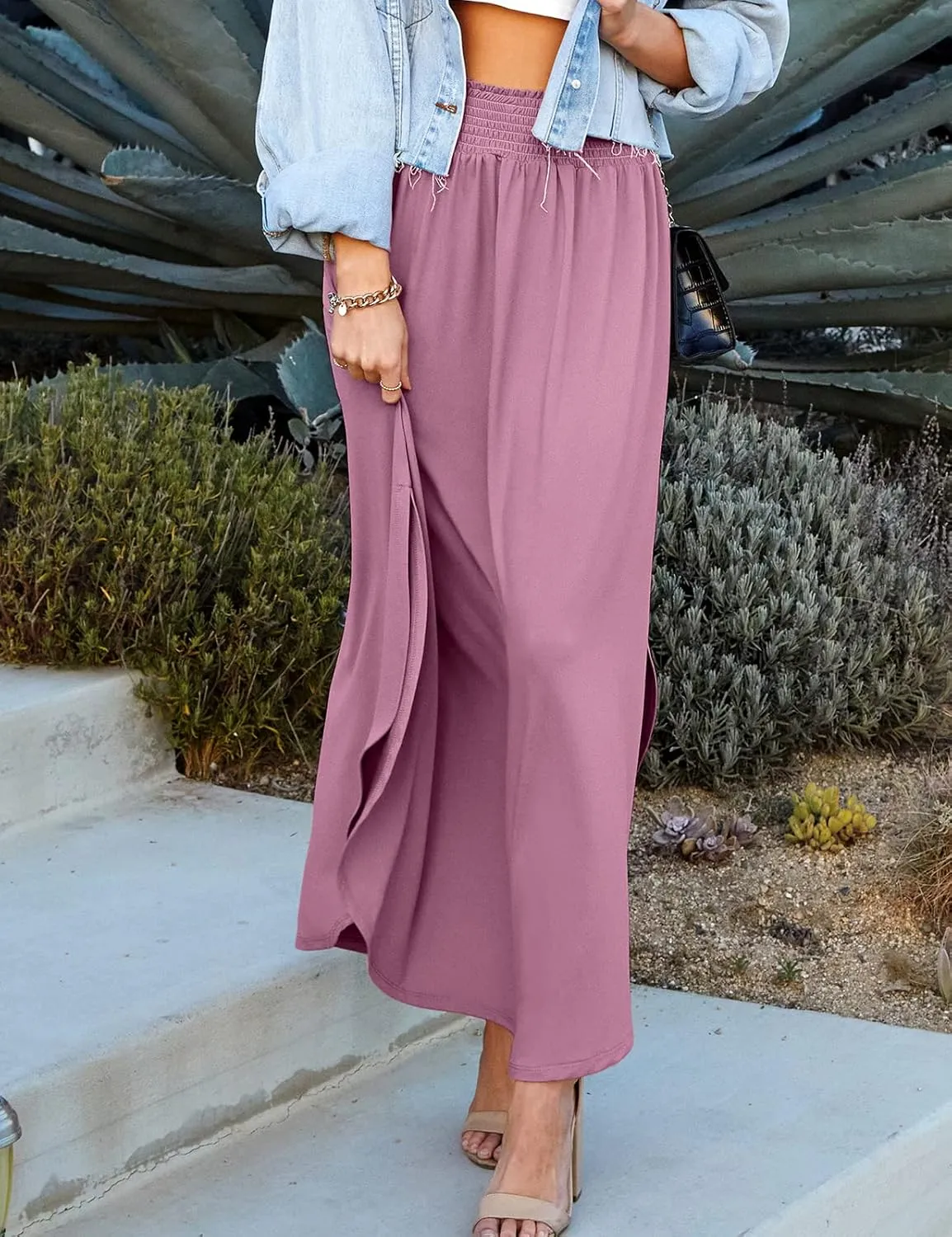 DOUBLJU Casual High Waisted Maxi Skirts Elastic Waist Band Ankle Length Trendy Summer Long Skirt for Womens with Plus Size