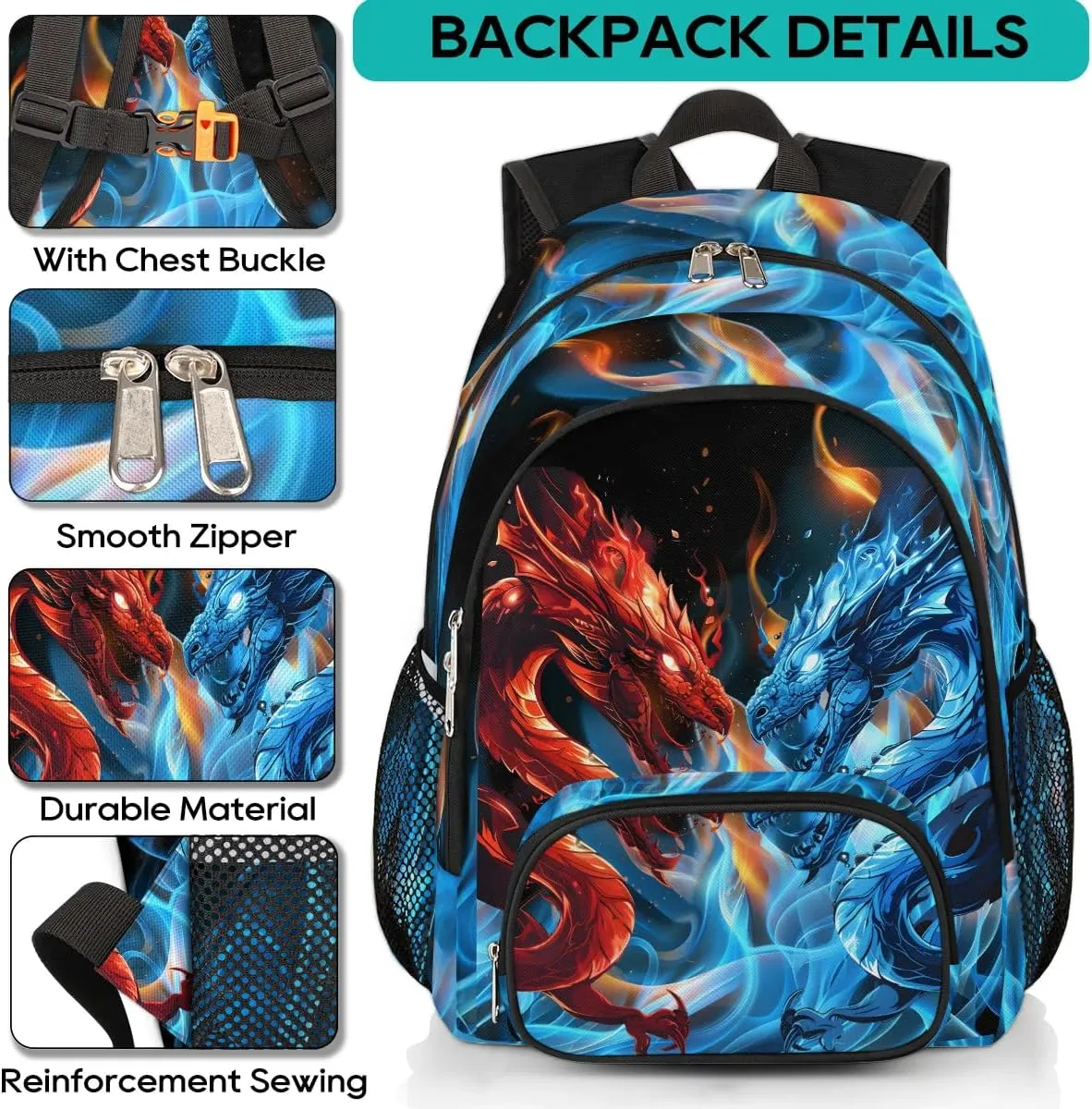 Dragon Backpack for Boys, School Boys Backpack for Kids Children Teens Preschool Elementary Kindergarten Bookbags School Bags 14 inch Laptop Backpacks Casual Travel Hiking Gym Back Pack