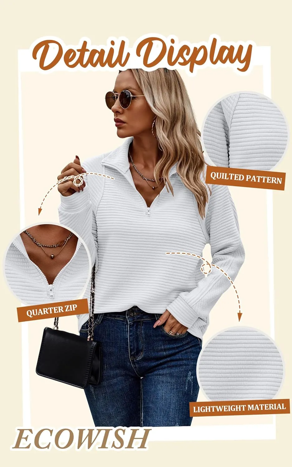 ECOWISH Womens Sweateshirt Quarter Zip: Fall Fashion 2025 Tops Winter Oversized Hoodie Ribbed Qulited Pullover V Neck Outfit