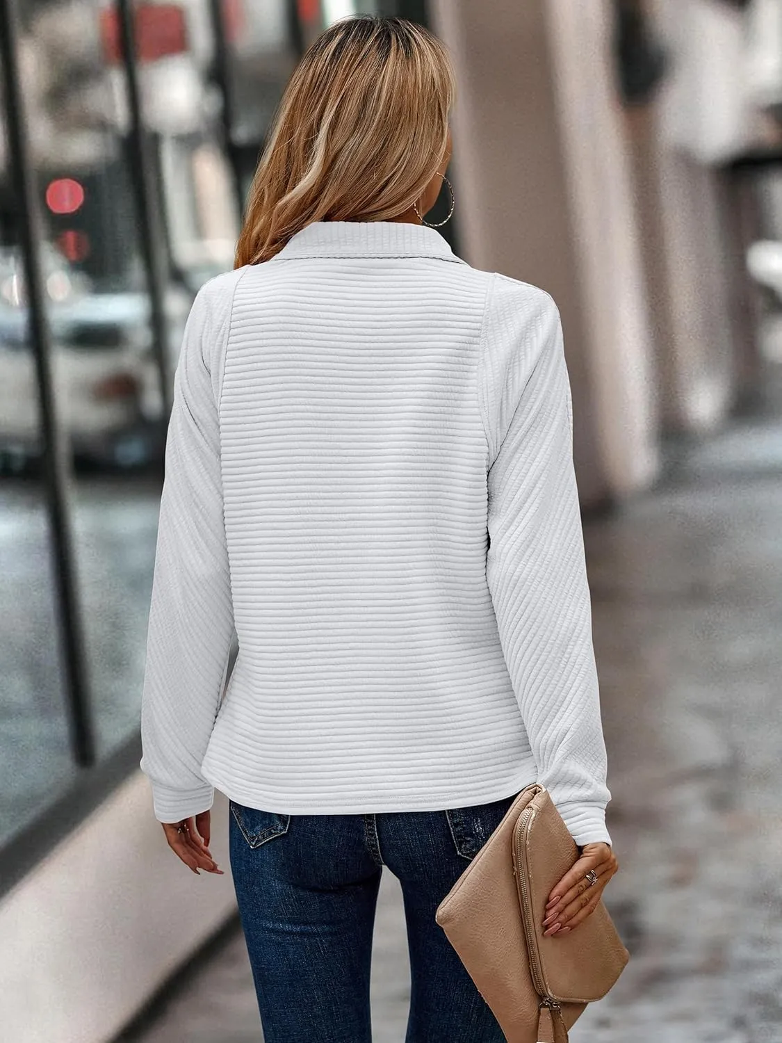 ECOWISH Womens Sweateshirt Quarter Zip: Fall Fashion 2025 Tops Winter Oversized Hoodie Ribbed Qulited Pullover V Neck Outfit