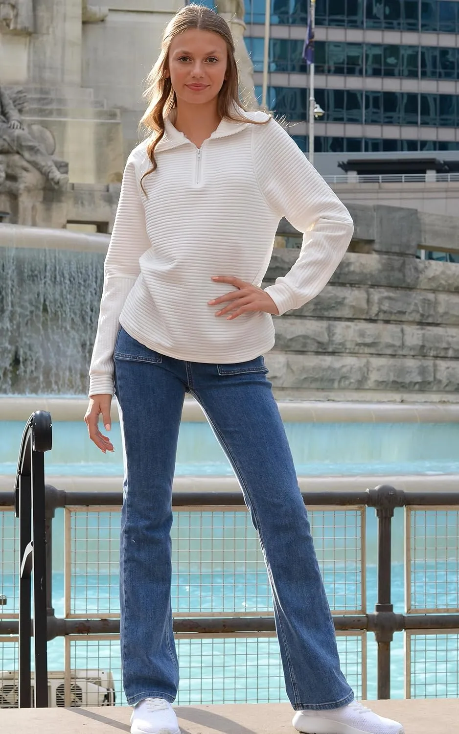 ECOWISH Womens Sweateshirt Quarter Zip: Fall Fashion 2025 Tops Winter Oversized Hoodie Ribbed Qulited Pullover V Neck Outfit