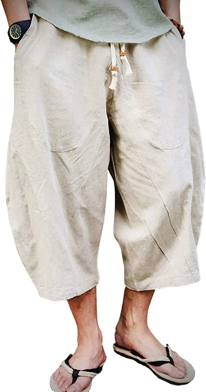 EKLENTSON Mens Cotton Linen Capri Pants Light Loose 3/4 Long Shorts Elastic Waist Drawstring Harem Casual Beach Yoga Trousers