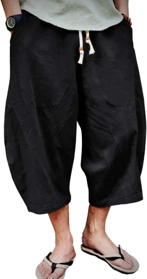 EKLENTSON Mens Cotton Linen Capri Pants Light Loose 3/4 Long Shorts Elastic Waist Drawstring Harem Casual Beach Yoga Trousers