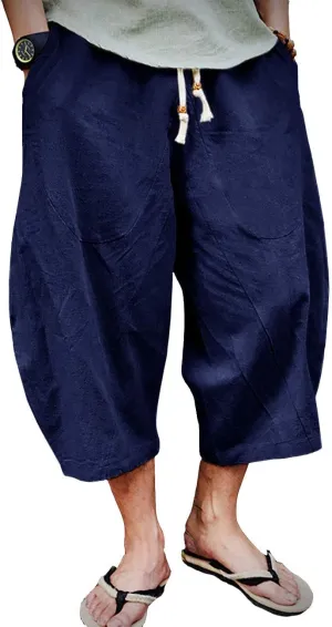 EKLENTSON Mens Cotton Linen Capri Pants Light Loose 3/4 Long Shorts Elastic Waist Drawstring Harem Casual Beach Yoga Trousers