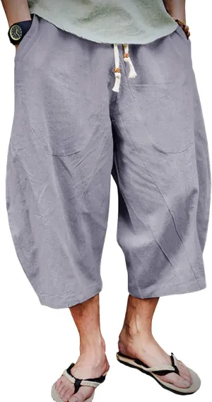 EKLENTSON Mens Cotton Linen Capri Pants Light Loose 3/4 Long Shorts Elastic Waist Drawstring Harem Casual Beach Yoga Trousers