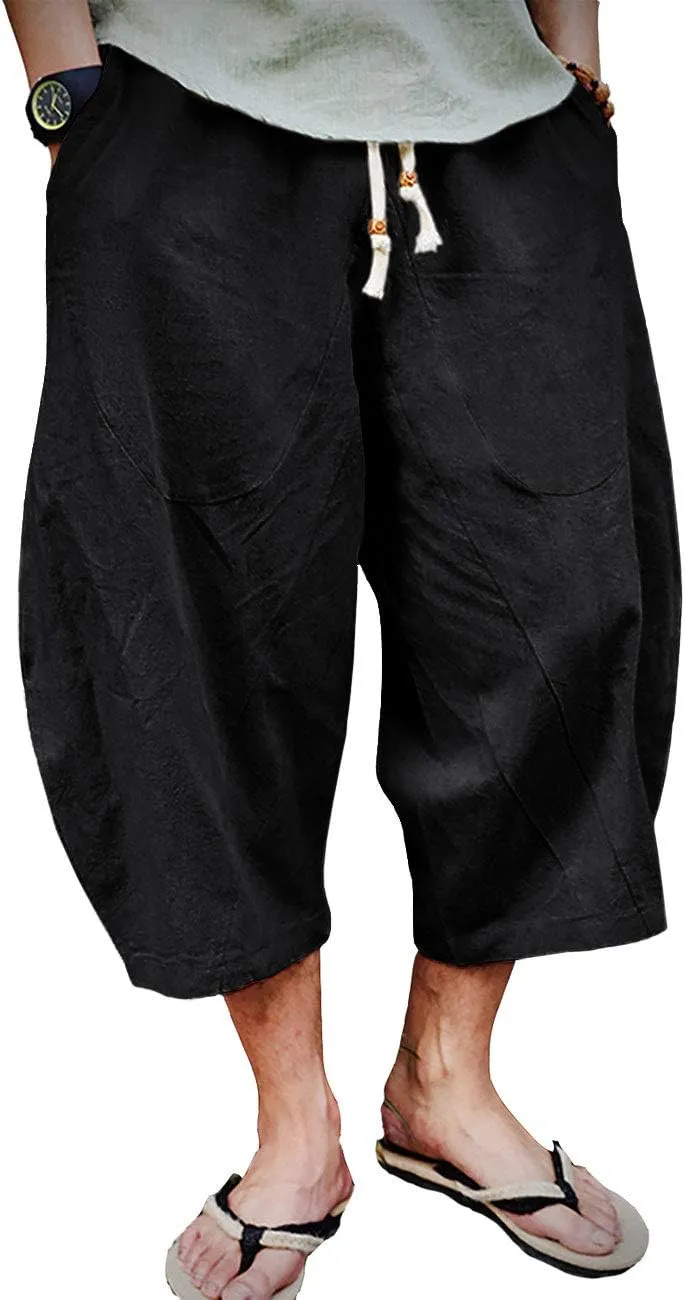 EKLENTSON Mens Cotton Linen Capri Pants Light Loose 3/4 Long Shorts Elastic Waist Drawstring Harem Casual Beach Yoga Trousers