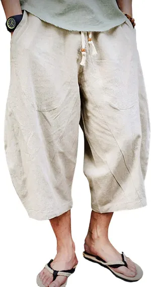 EKLENTSON Mens Cotton Linen Capri Pants Light Loose 3/4 Long Shorts Elastic Waist Drawstring Harem Casual Beach Yoga Trousers